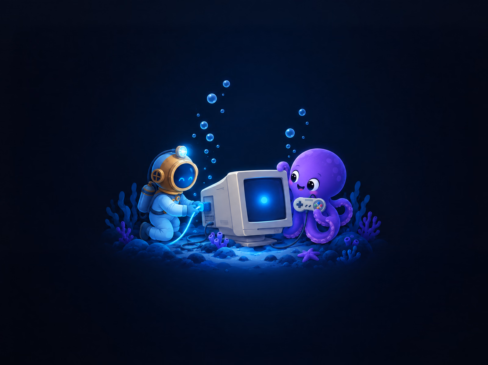 The diver plugging a cable into an old monitor while Ollie waits with a controller