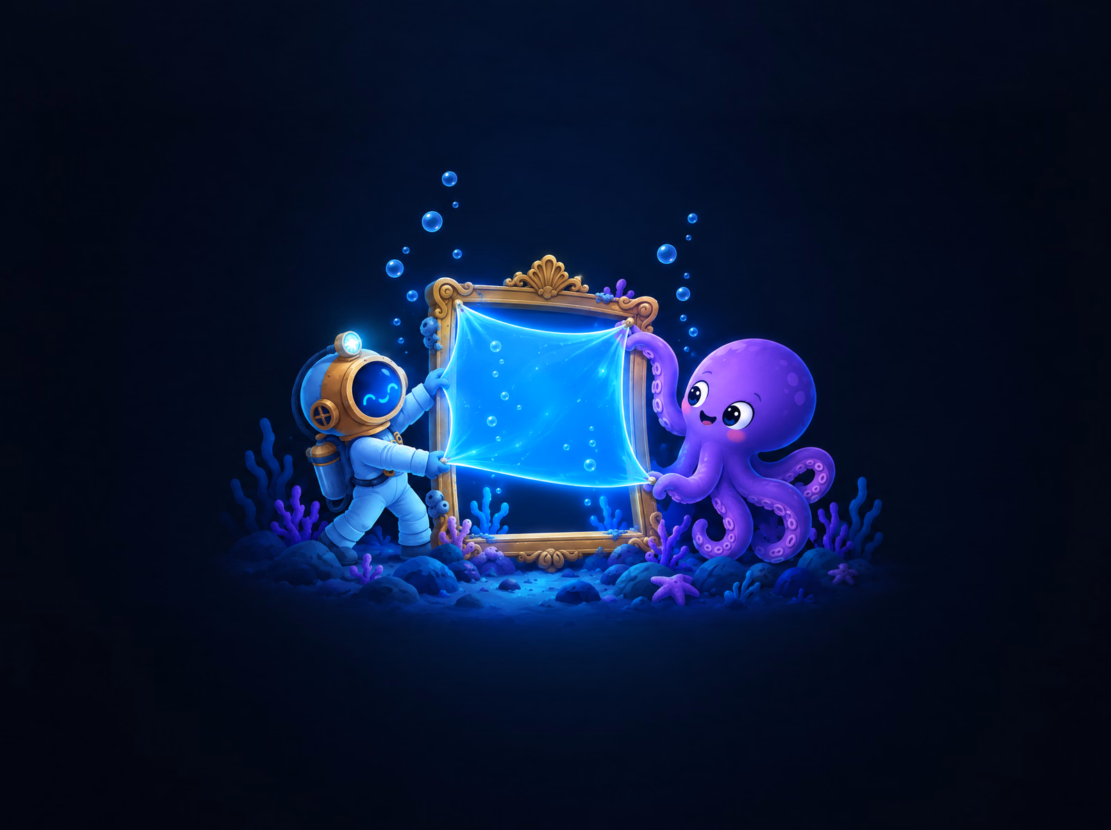 The diver and Ollie stretching a glowing screen to fill a large frame