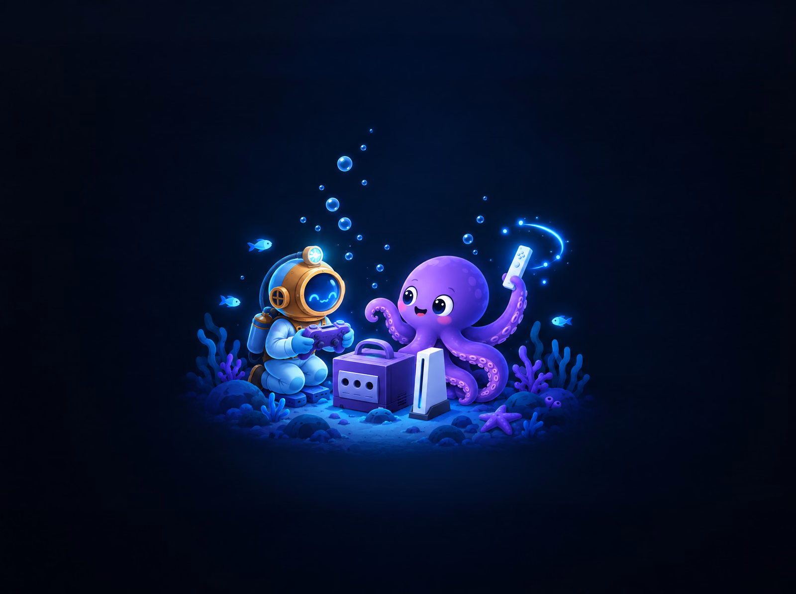 The diver and Ollie with a GameCube and Wii console