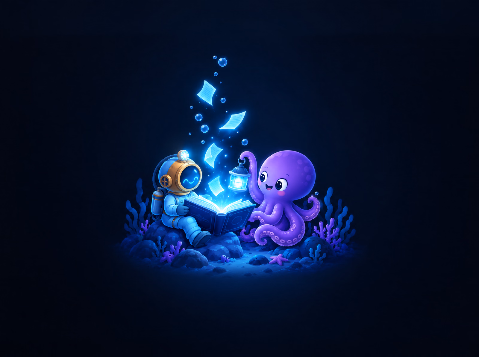 The diver reading a glowing book while Ollie holds a lantern over it