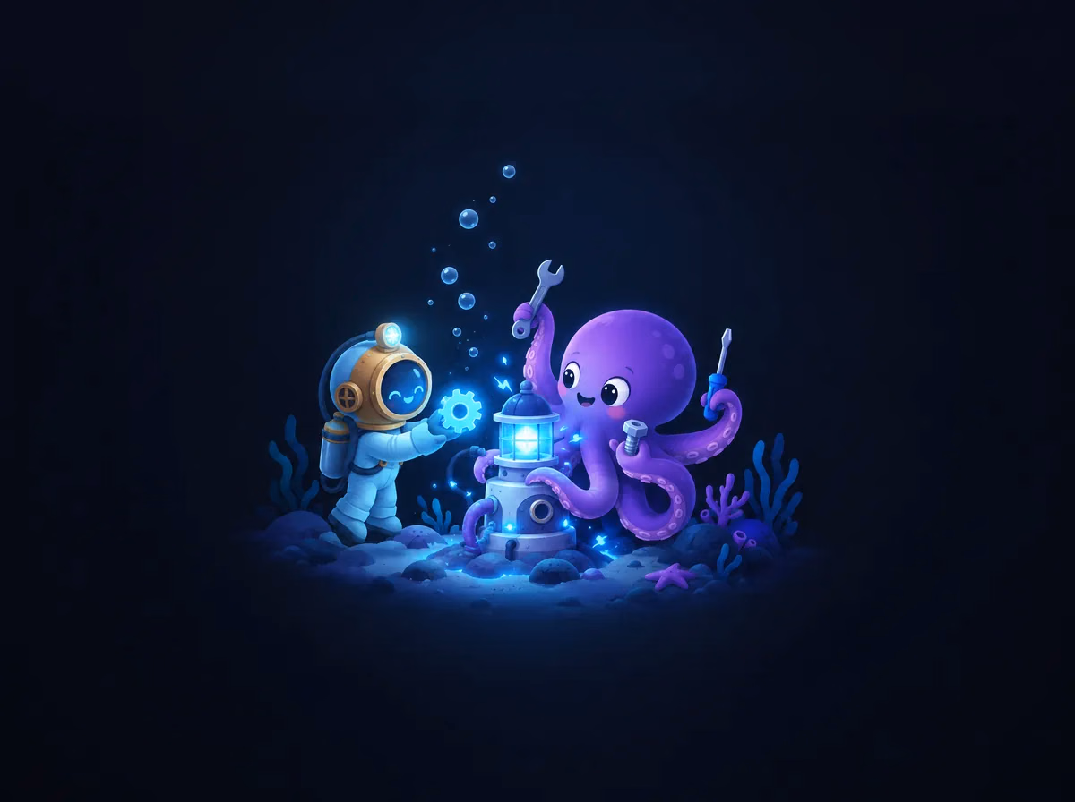 The diver and Ollie at work with a wrench and a screwdriver