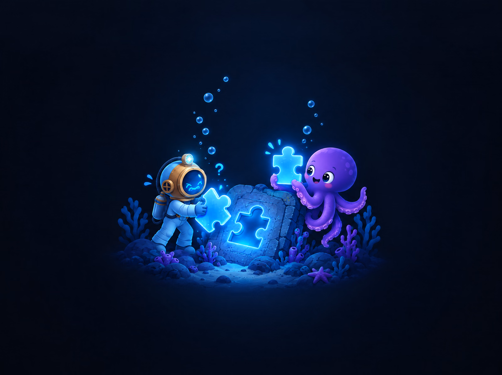 The diver trying a puzzle piece that doesn’t fit while Ollie holds up the one that does