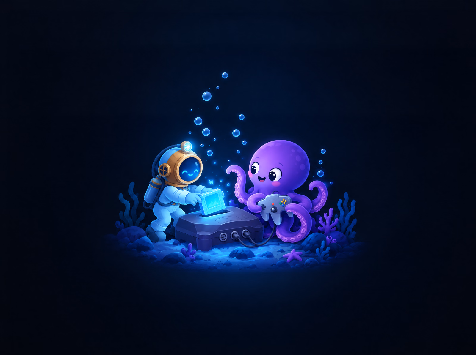 The diver and Ollie with a N64 console