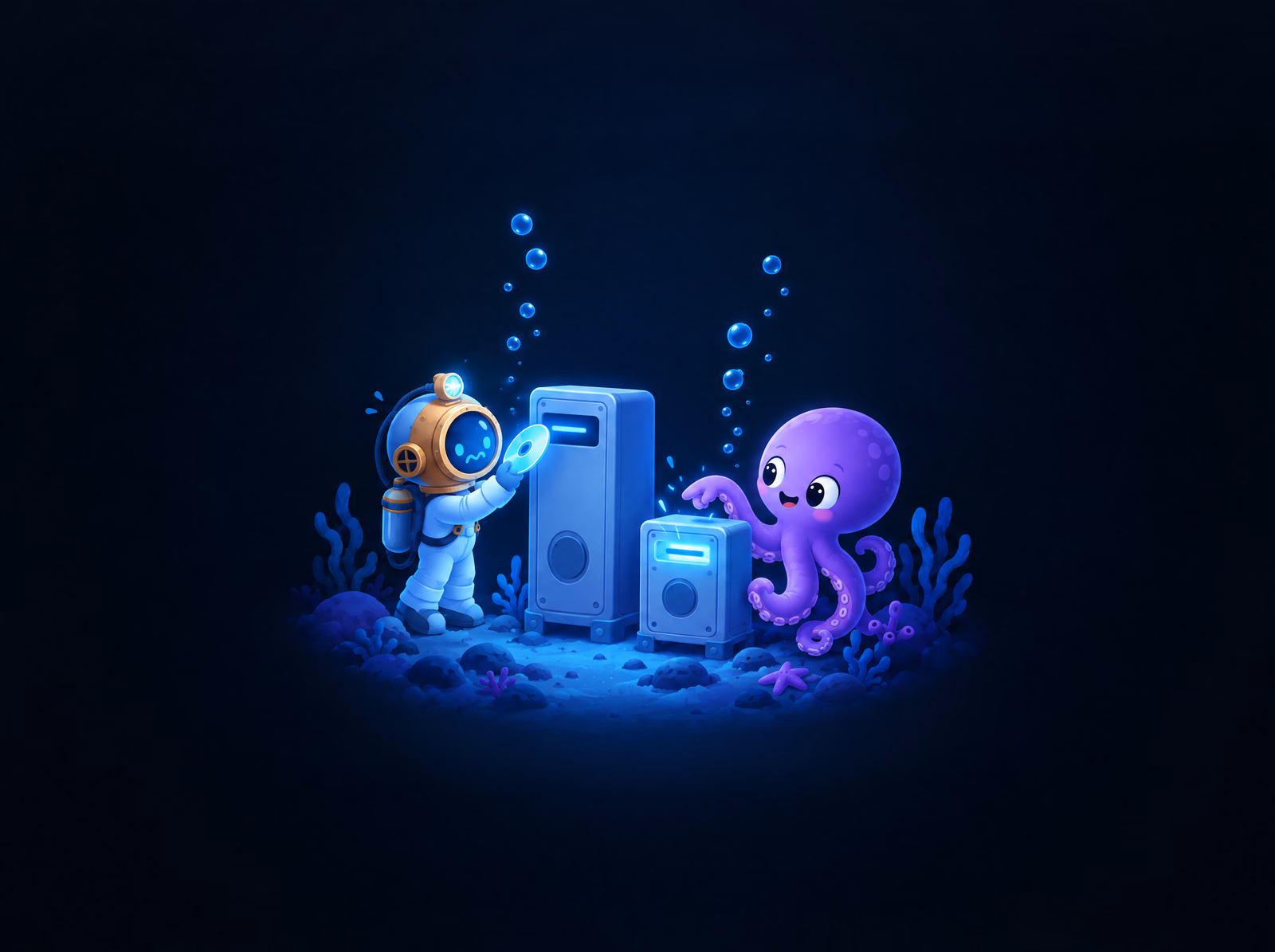 The diver holding a small disc up to a large machine while Ollie points to the smaller machine beside it