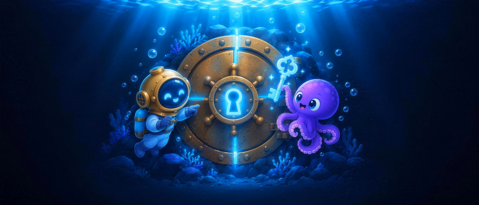 The diver and Ollie at a round vault door with a glowing keyhole