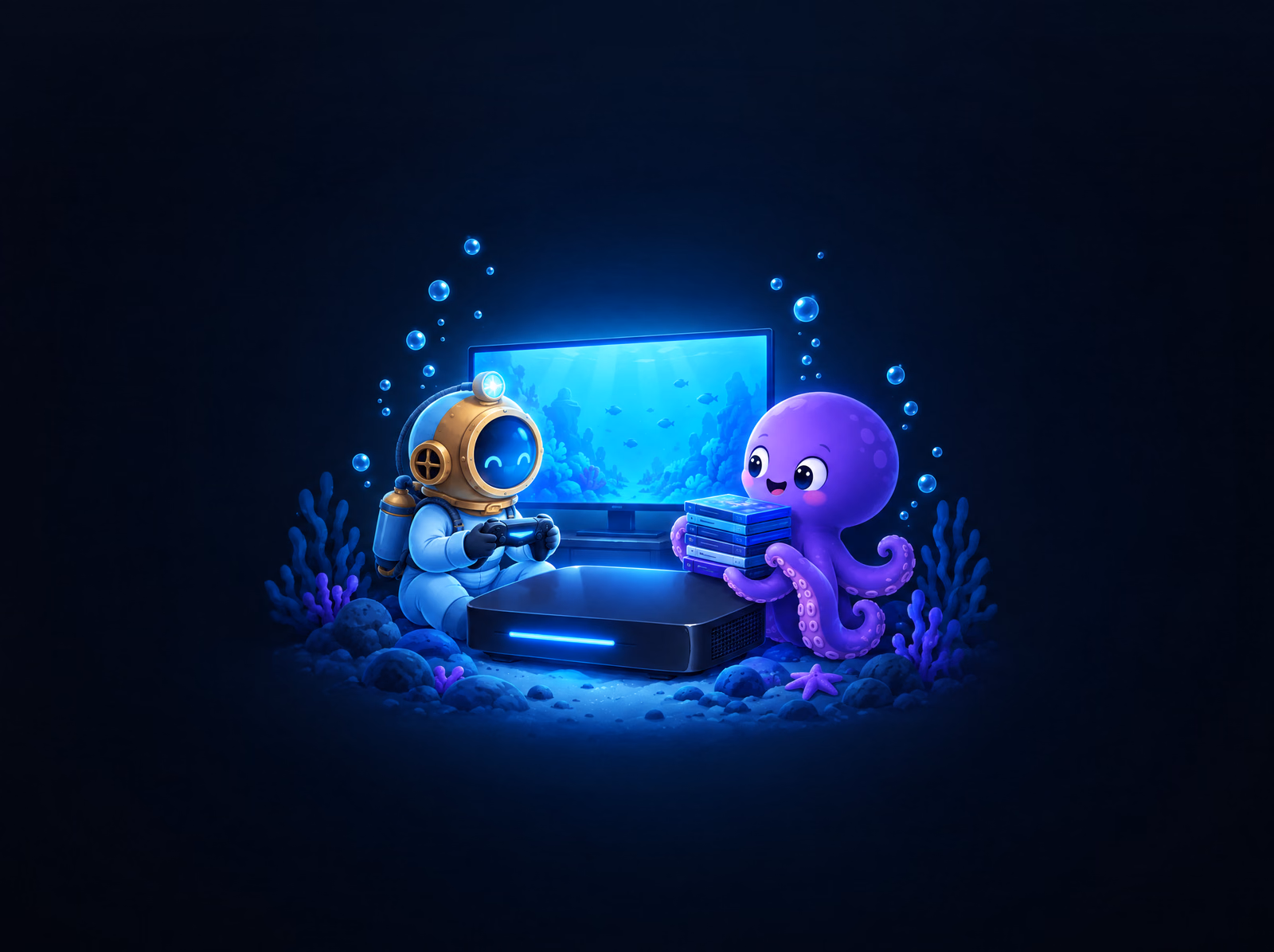 The diver and Ollie with a PS3 console