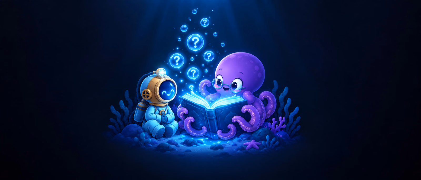 The diver and Ollie reading a glowing book of questions