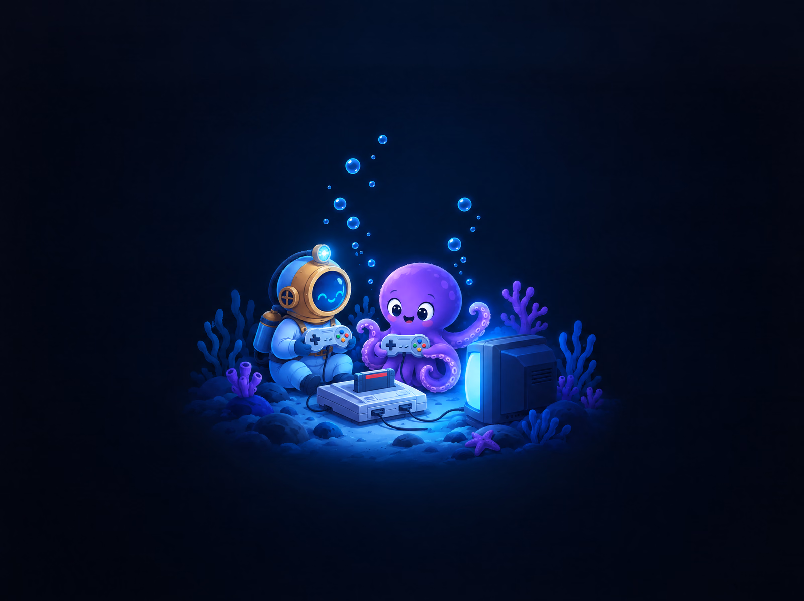 The diver and Ollie with a SNES and NES console