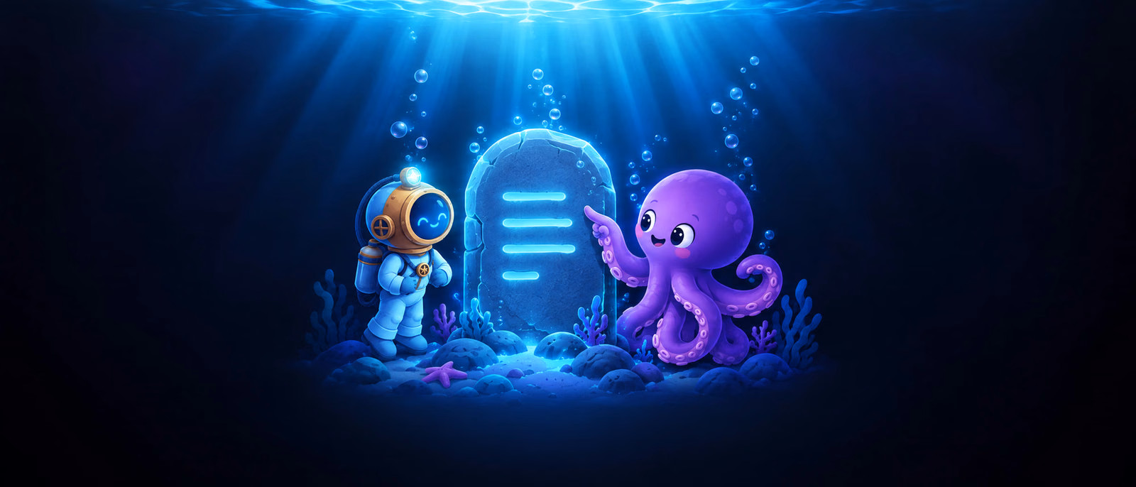 The diver and Ollie at a glowing stone tablet