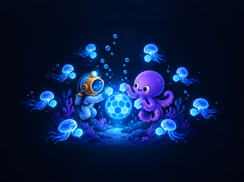 Jellyfish carrying glowing tiles to the diver and Ollie