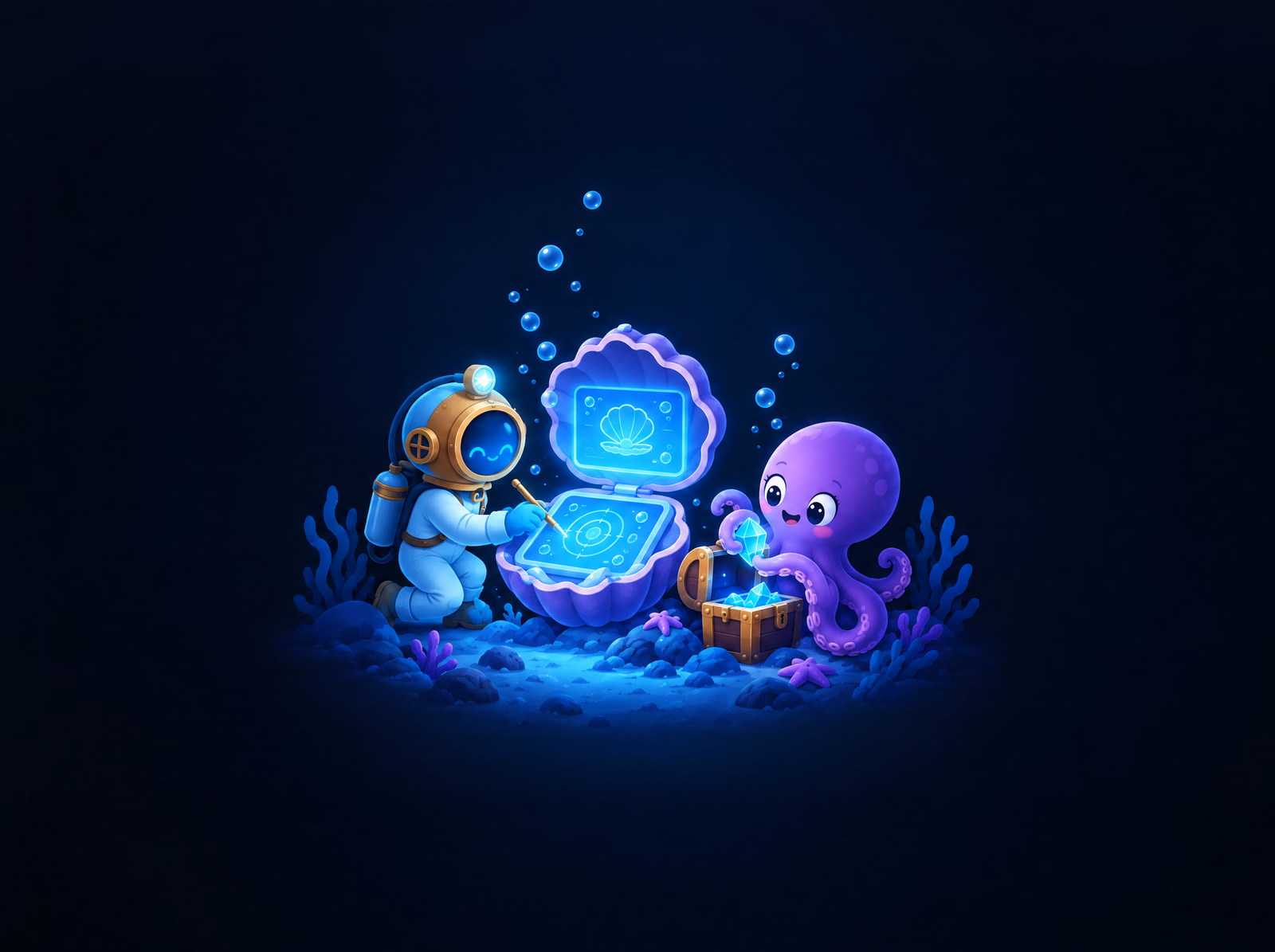 The diver tapping the lower of two glowing screens while Ollie tucks a glowing crystal into a chest