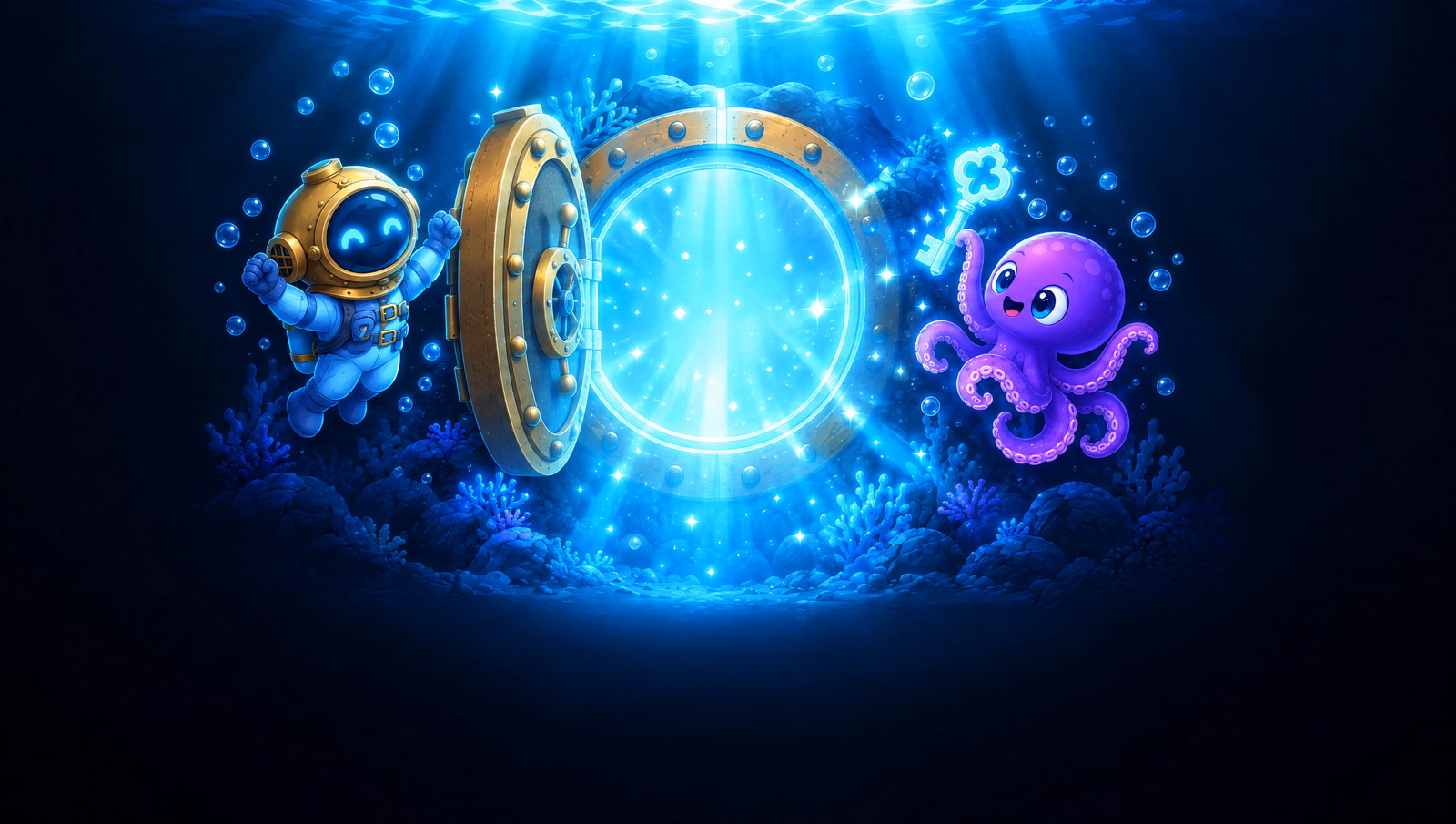 The diver and Ollie at a round vault door standing open, light pouring out