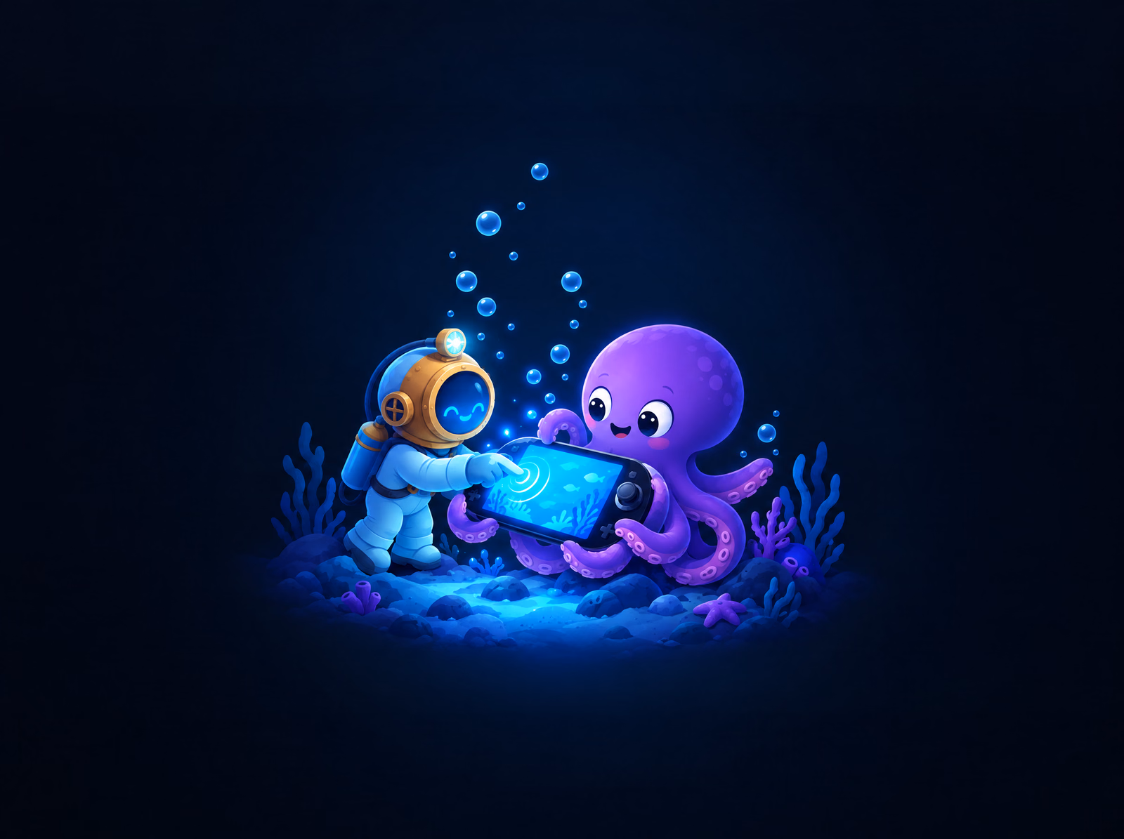 The diver and Ollie with a PS Vita console
