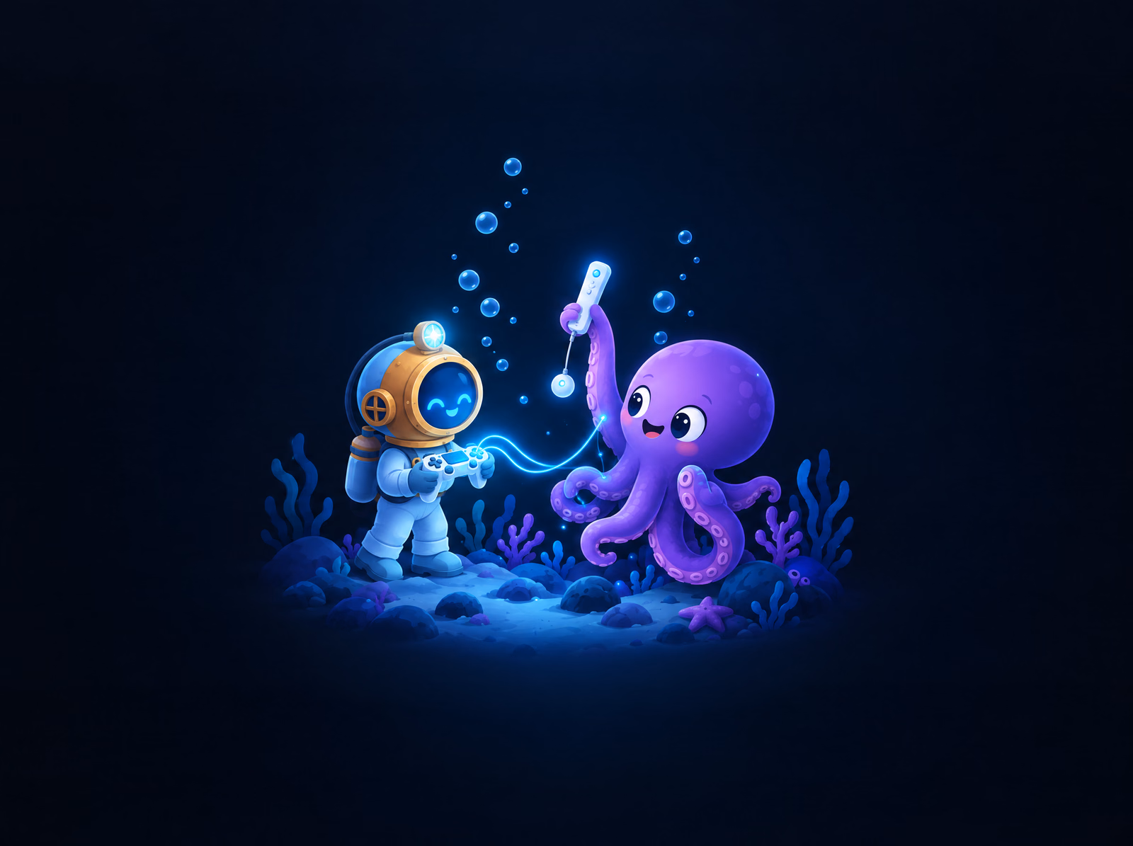 The diver holding a controller linked by glowing threads to a slim white remote Ollie holds up