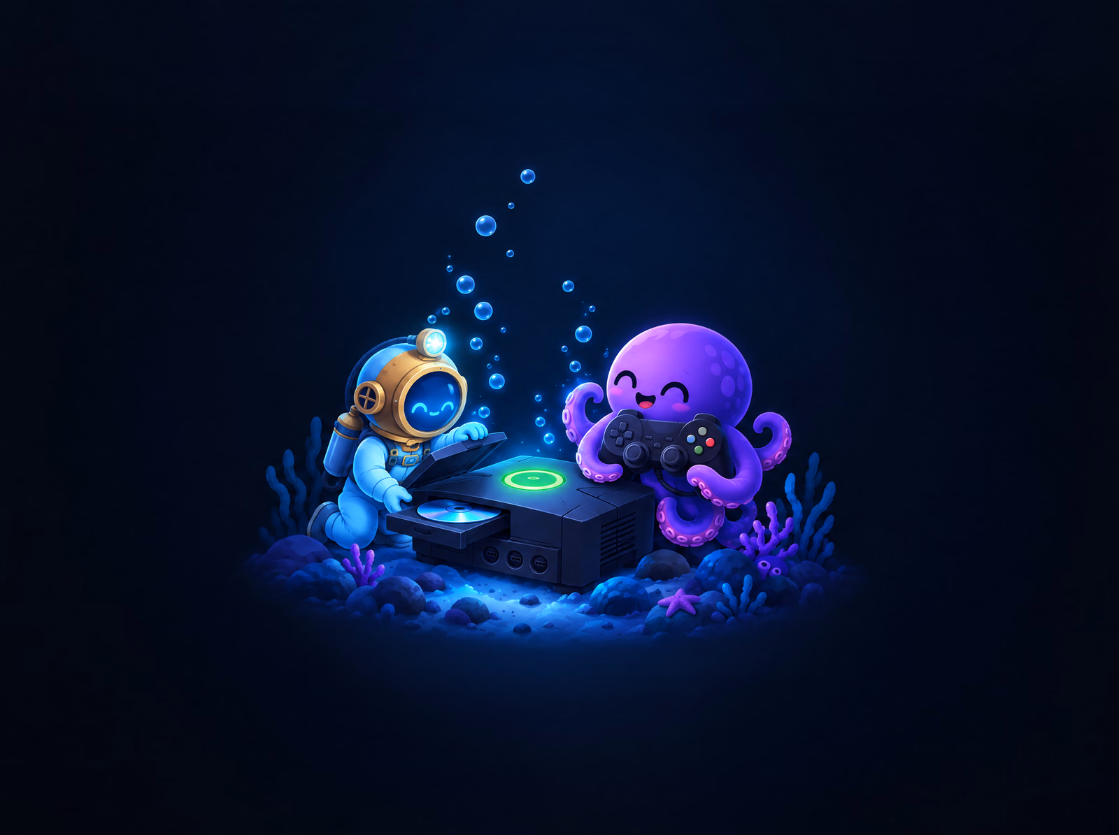 The diver and Ollie with a Xbox console